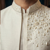 Premium Embroidered Prince Coat - PR-185 - Pearl White