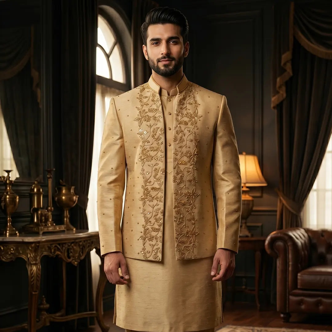 Premium Embroidered Prince Coat - PR-183 - Golden