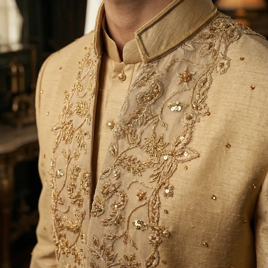 Premium Embroidered Prince Coat - PR-183 - Golden