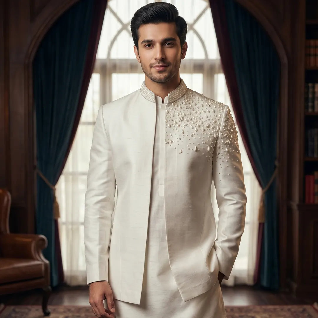 Premium Embroidered Prince Coat - PR-185 - Pearl White