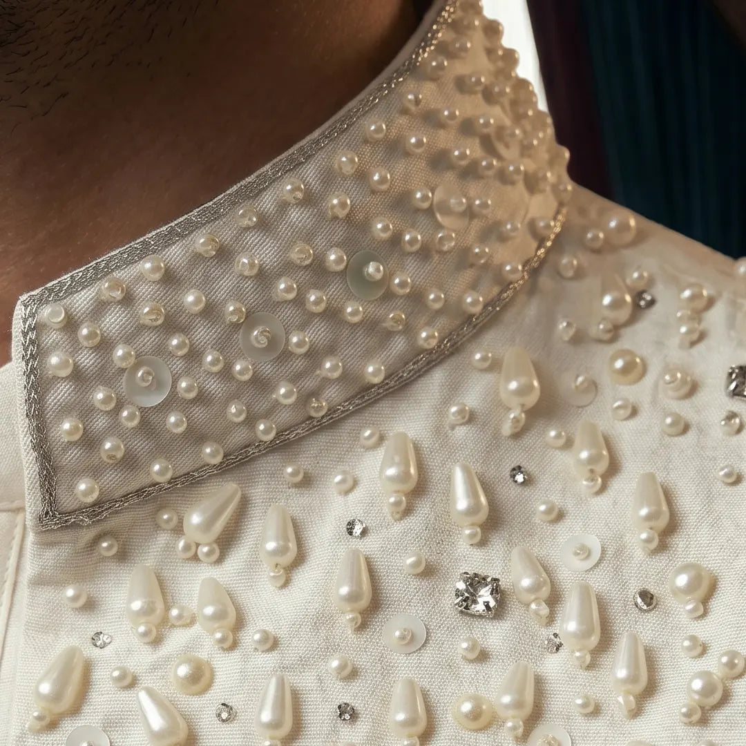 Premium Embroidered Prince Coat - PR-185 - Pearl White