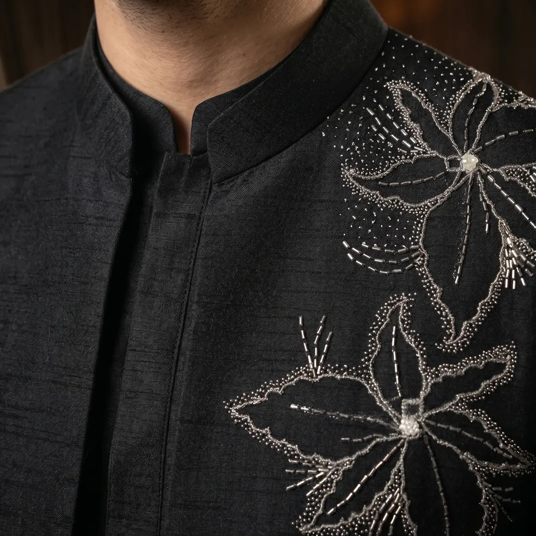 Premium Embroidered Prince Coat - PR-186 - Black