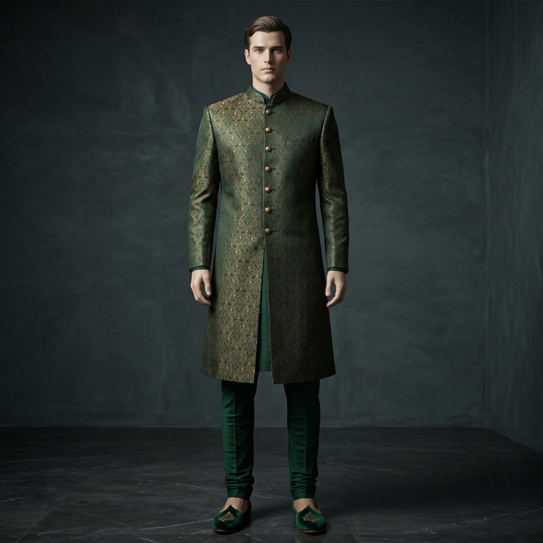 Modern Green Sherwani with Intricate Cut Dana Work - SW 110