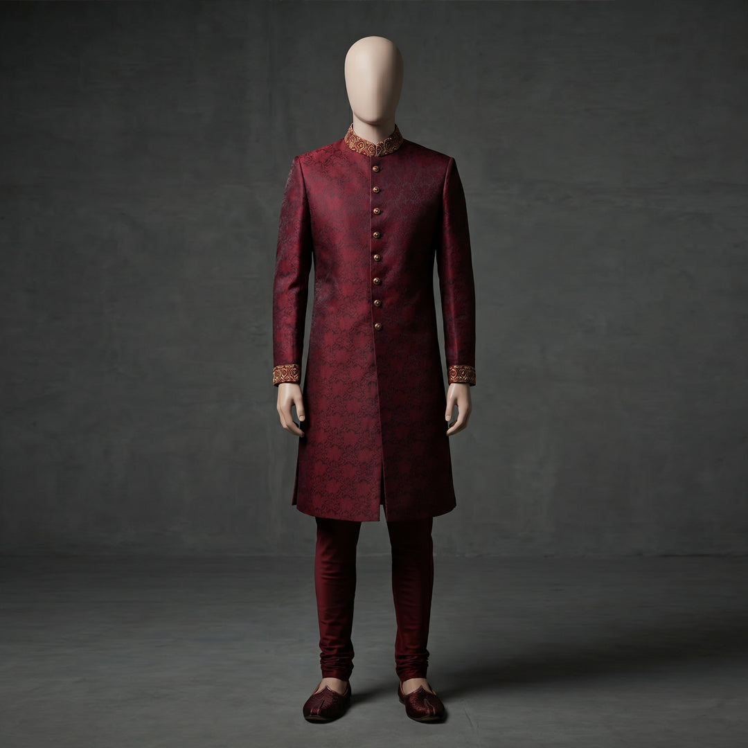 Modern Maroon Sherwani with Intricate Cut Dana Work - SW 12