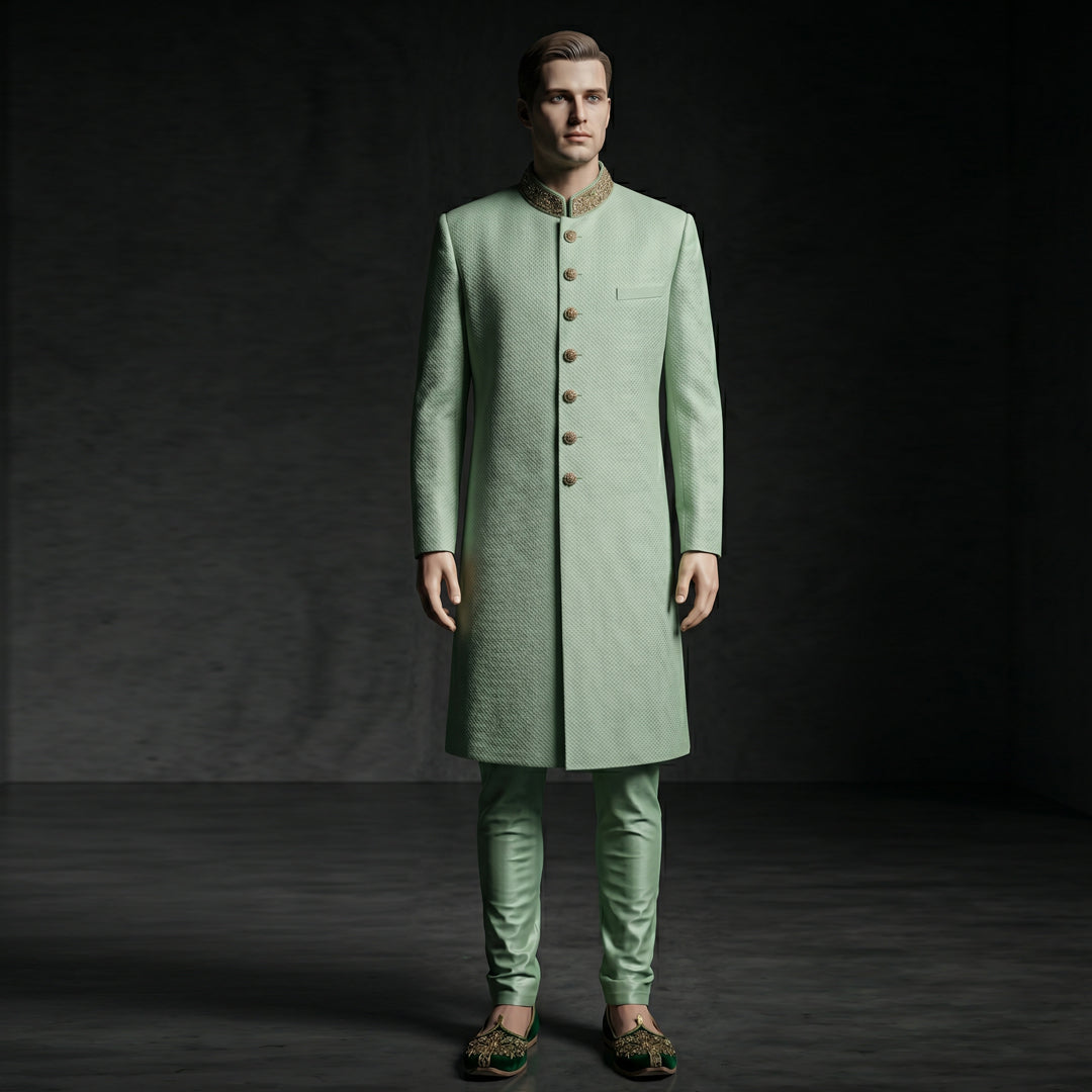 Modern Mint Green Sherwani with Intricate Cut Dana Work - SW 317