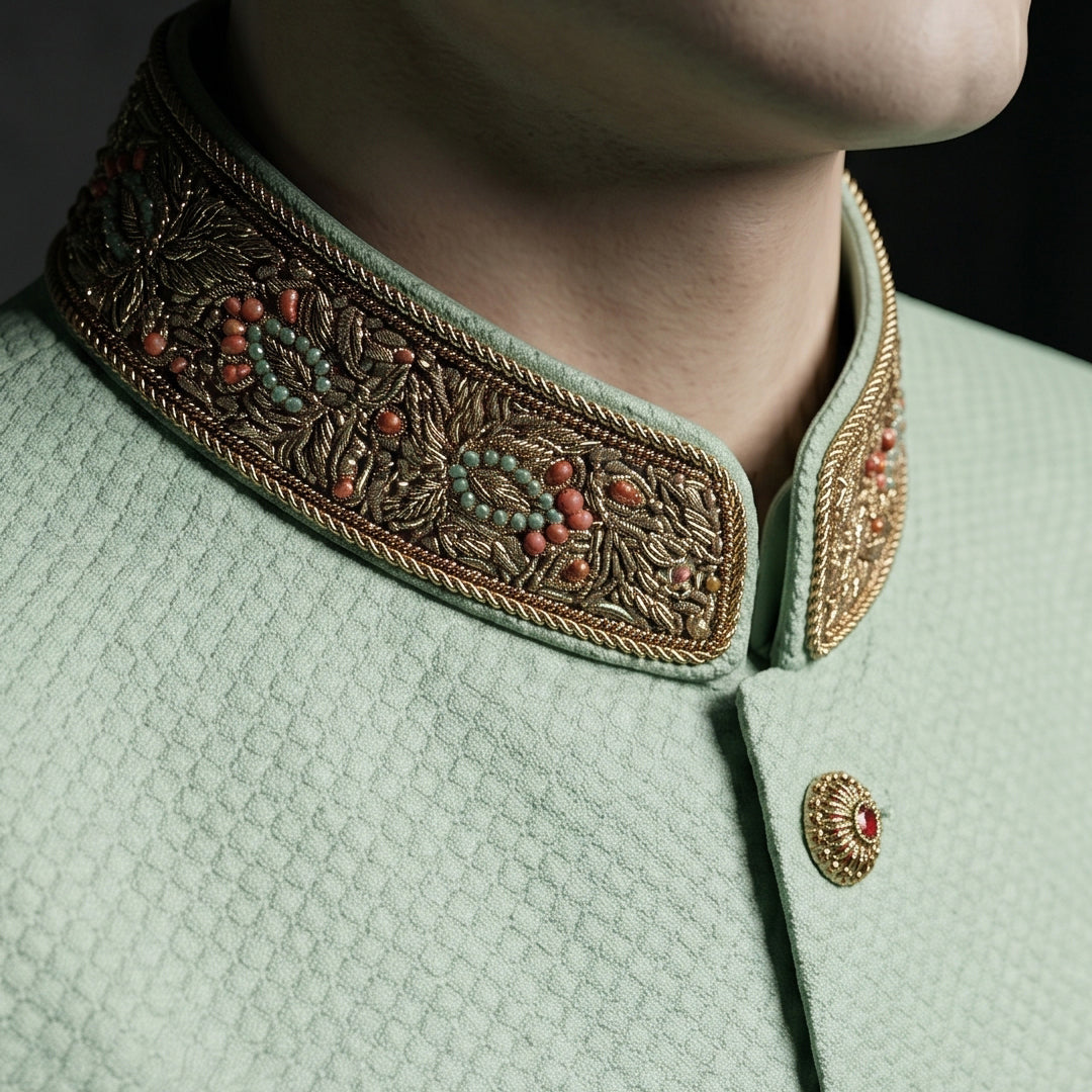 Modern Mint Green Sherwani with Intricate Cut Dana Work - SW 317