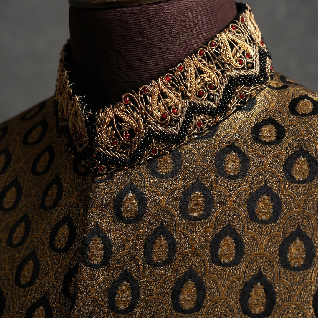 Modern Gold-Black Sherwani with Intricate Cut Dana Work - SW 343