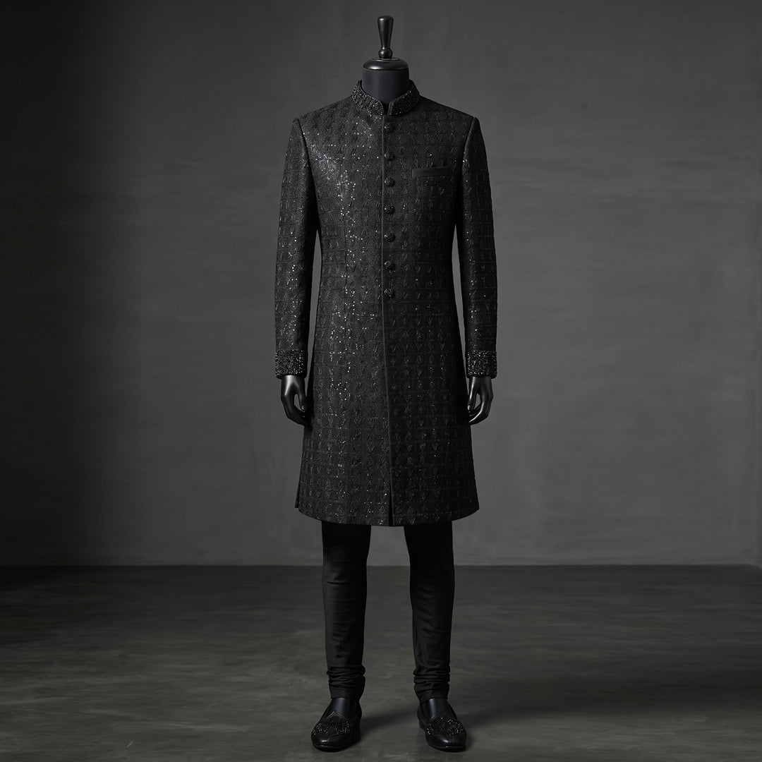Modern Black Sherwani with Intricate Cut Dana Work - SW 366