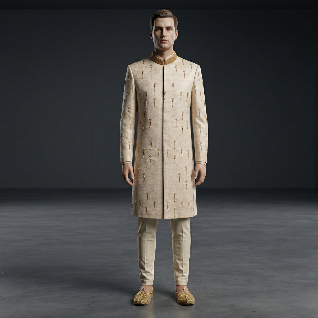 Modern Fawn Sherwani with Intricate Cut Dana Work - SW 367